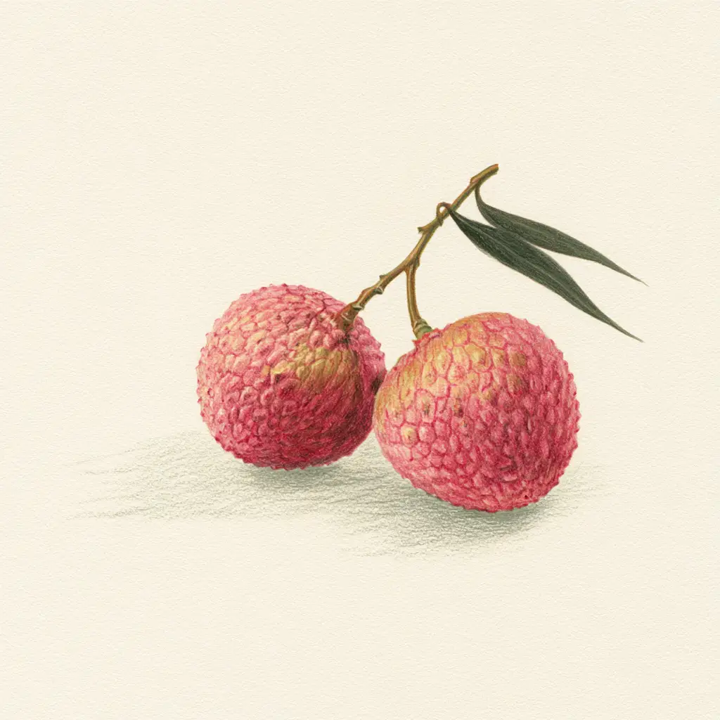 Colored pencil botanical study of two ripe lychees