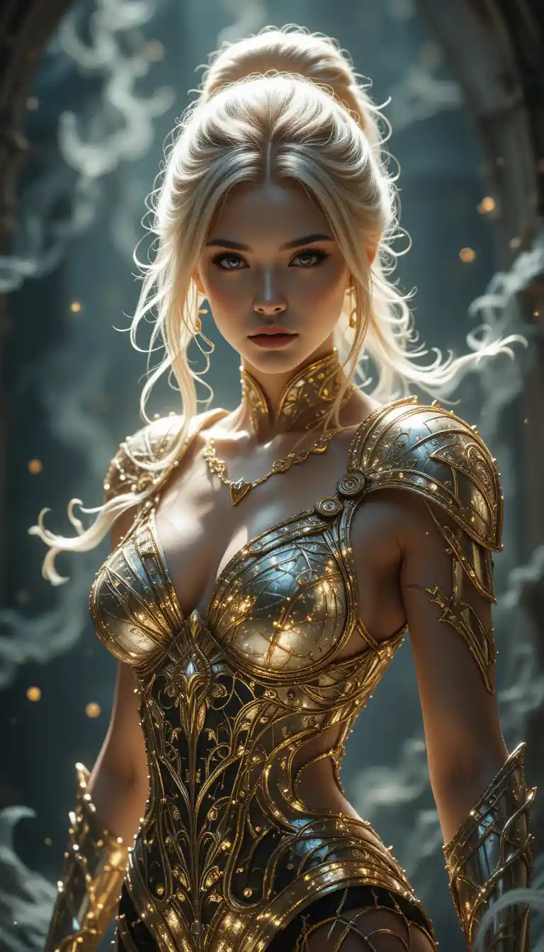 Golden haired goddess in armor amid swirling light and shadow