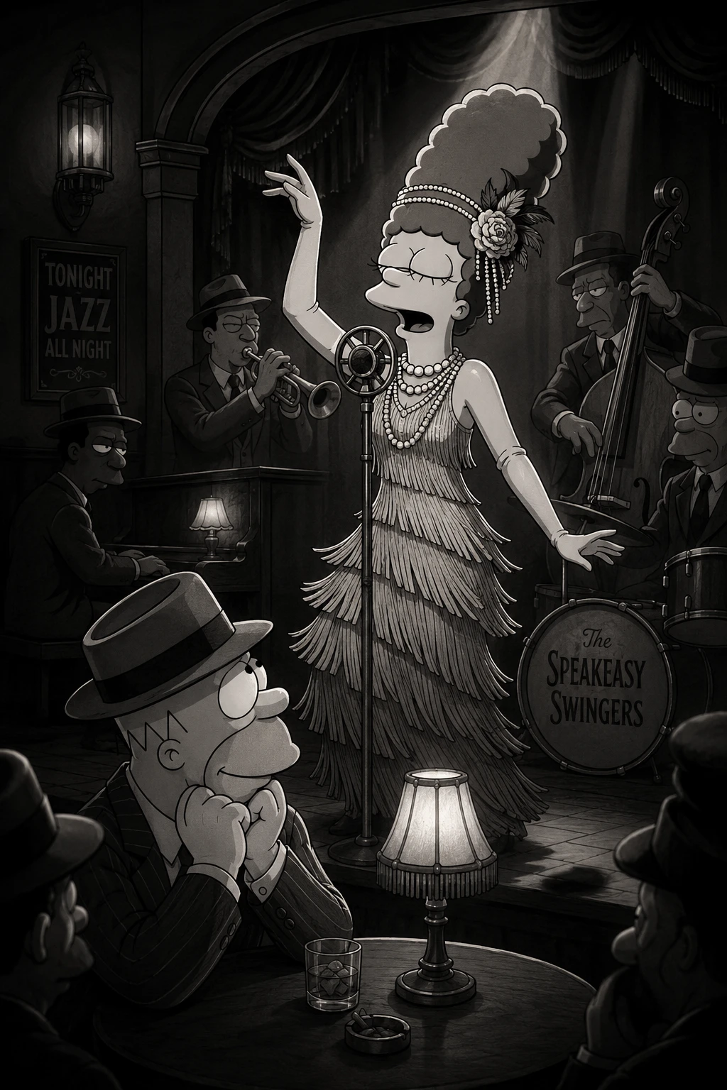 Cantora de jazz monocromática no palco em um bar noir de desenho animado