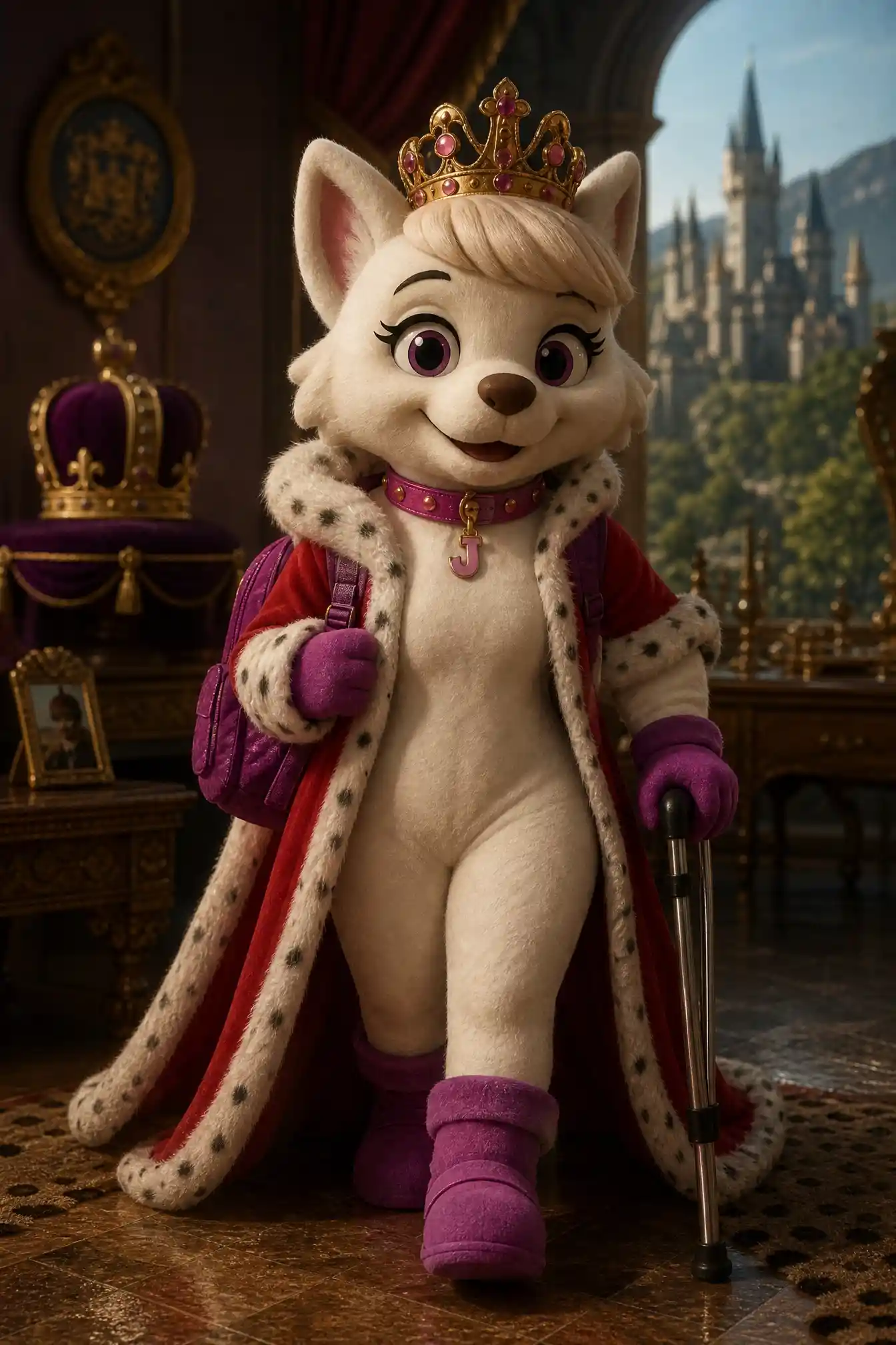 Dog mascot princess standing in a park wearing royal outfit