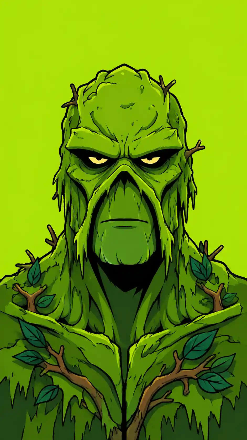 Swamp monster head and chest front view on green background