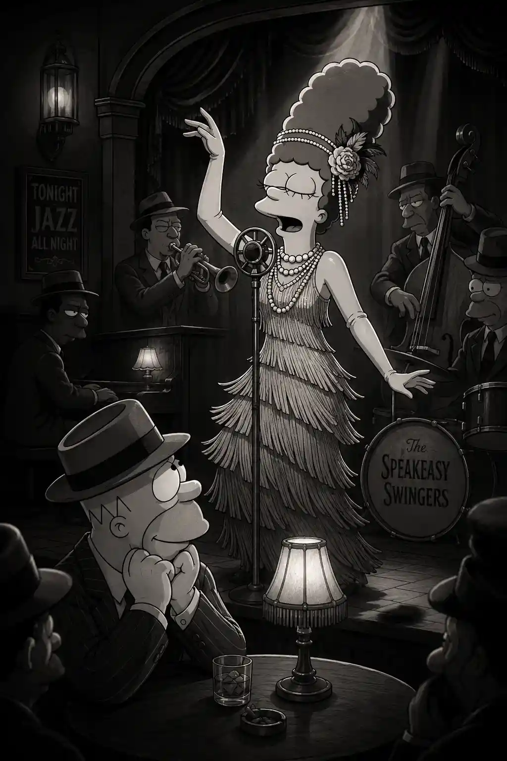Monochrome jazz singer on stage in a noir cartoon bar