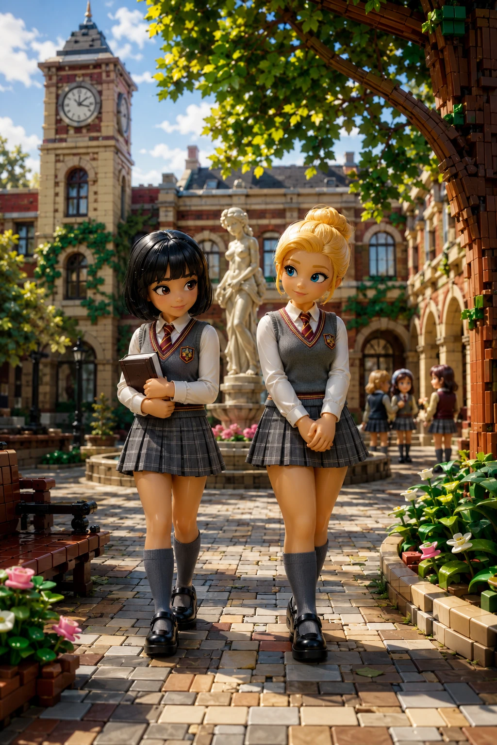 授業に向かう2人の女子学生が歩くレゴの大学中庭