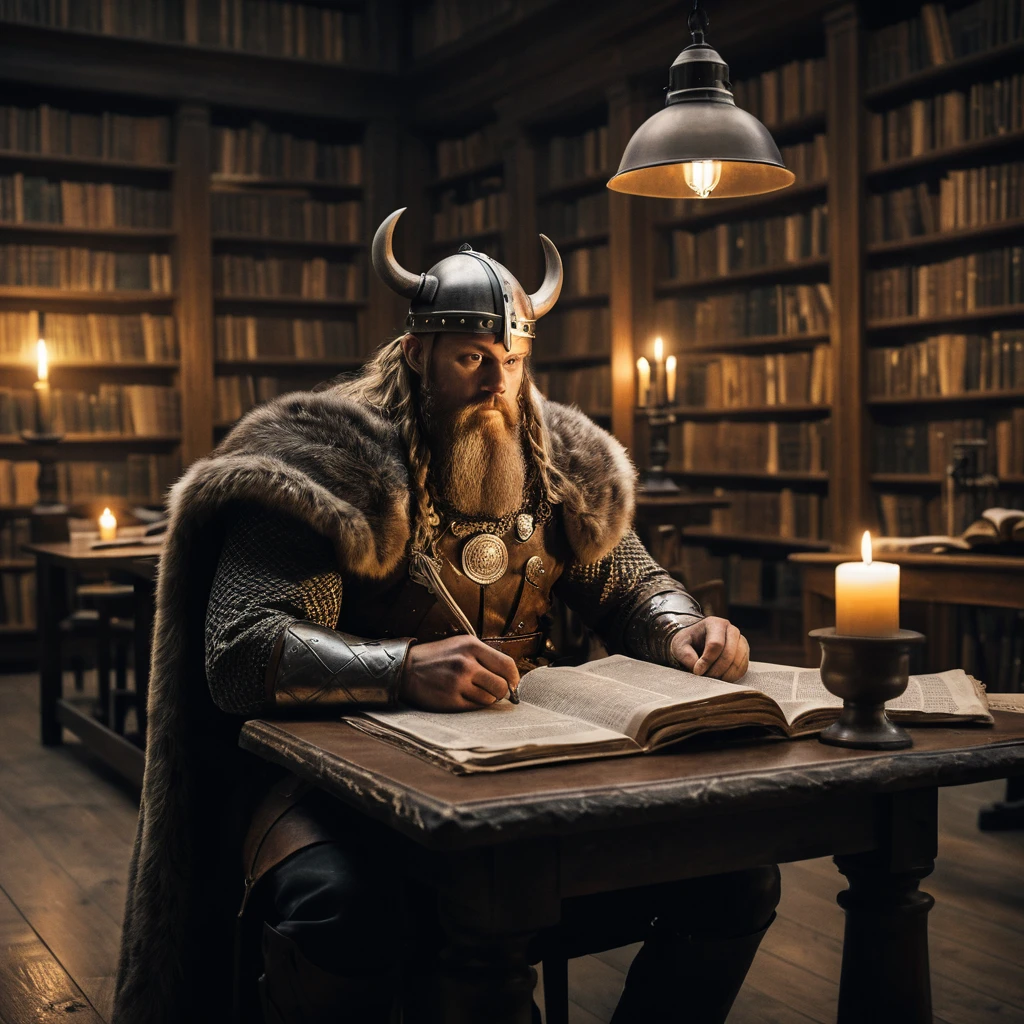 Guerriero vichingo che legge in una tranquilla biblioteca illuminata dalle candele