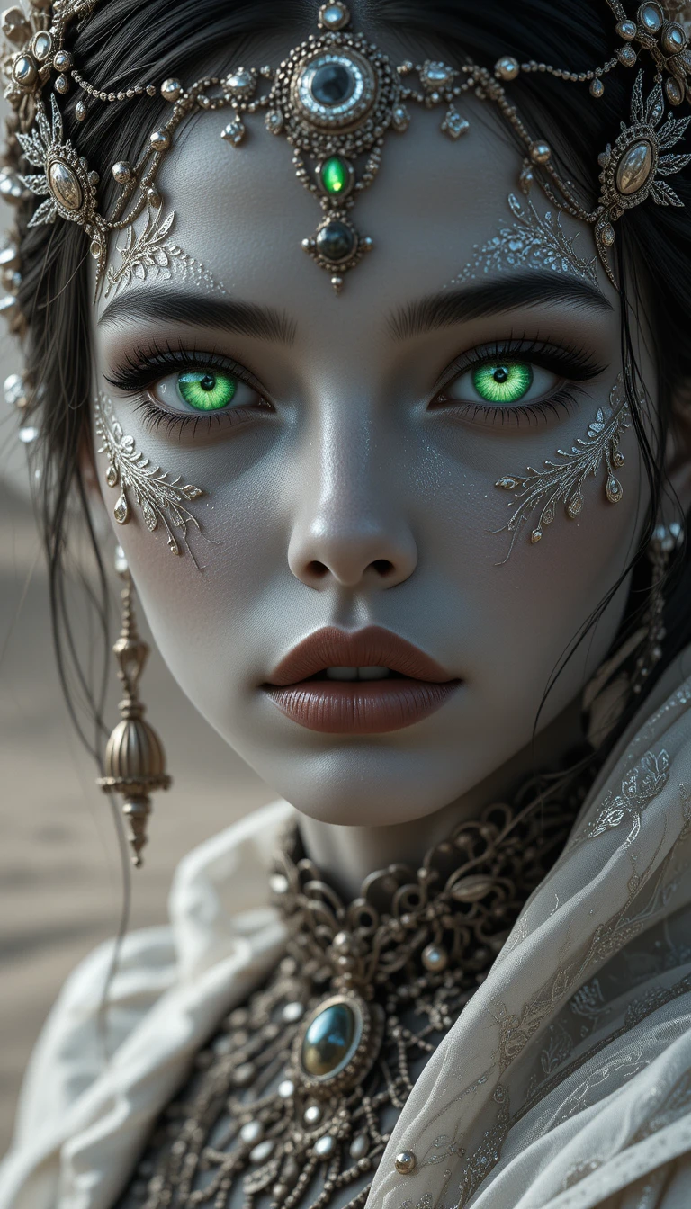 Close cinematográfico de uma mulher com olhos verdes brilhantes
