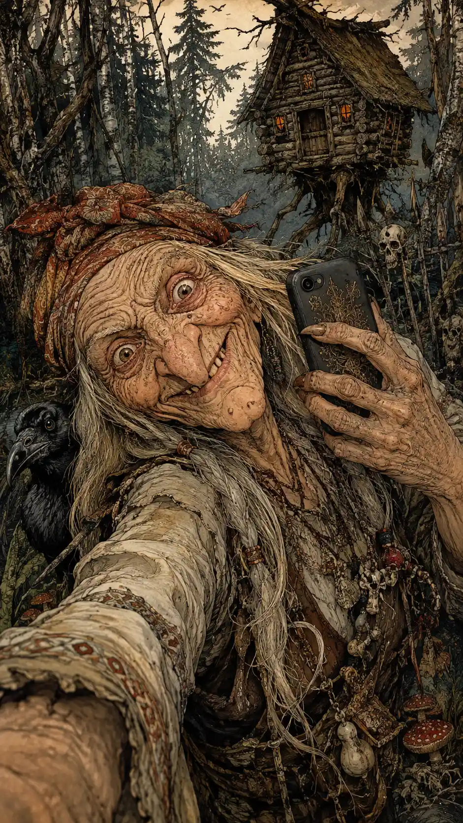 Groteske Hexen-Selfie im dunklen Märchenwald