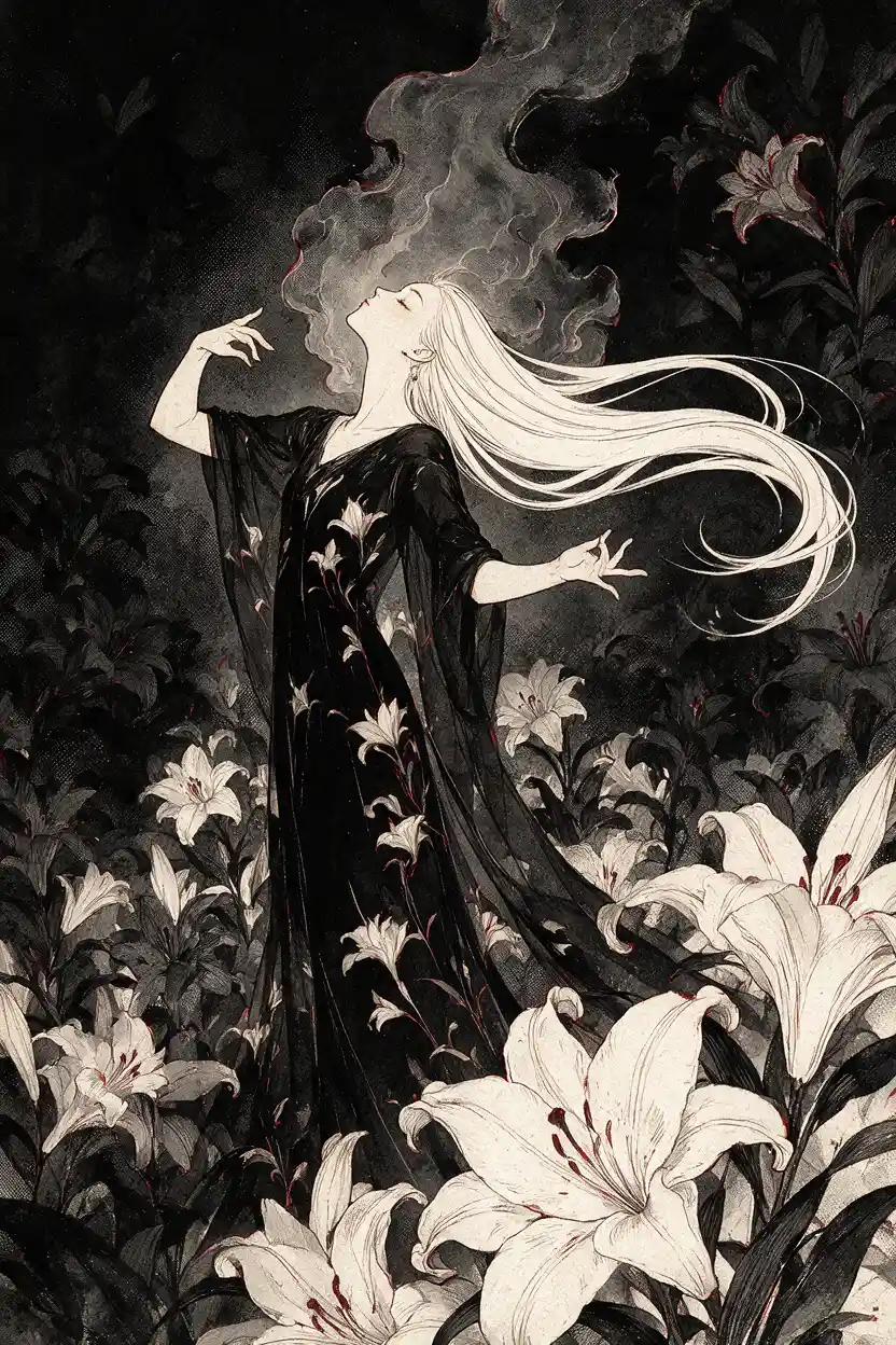 White haired woman in lilies in gothic monochrome profile