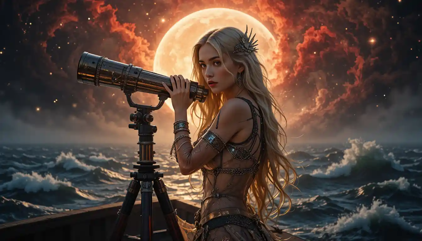 Blonde Kriegerin auf einem stürmischen Piratenschiff