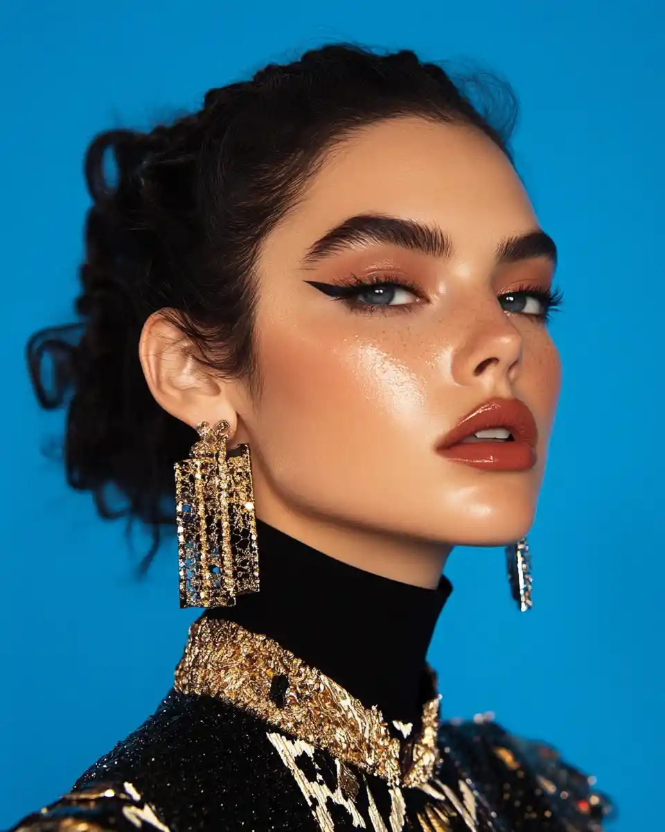Modella di alta moda che posa davanti a uno sfondo studio blu brillante