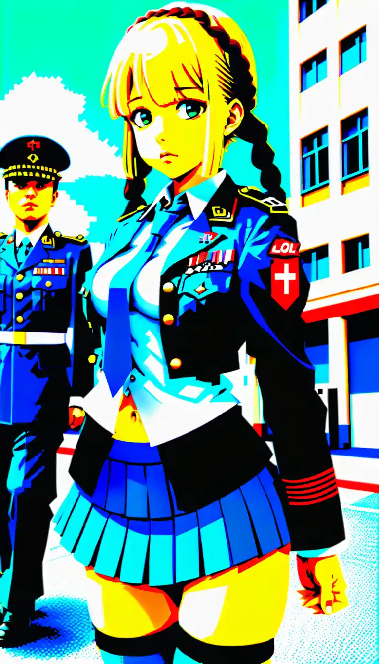Anime girl in military style on a city street