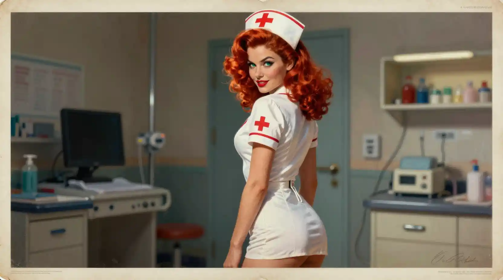 Playful glamorous nurse posing in a sunlit hospital corridor