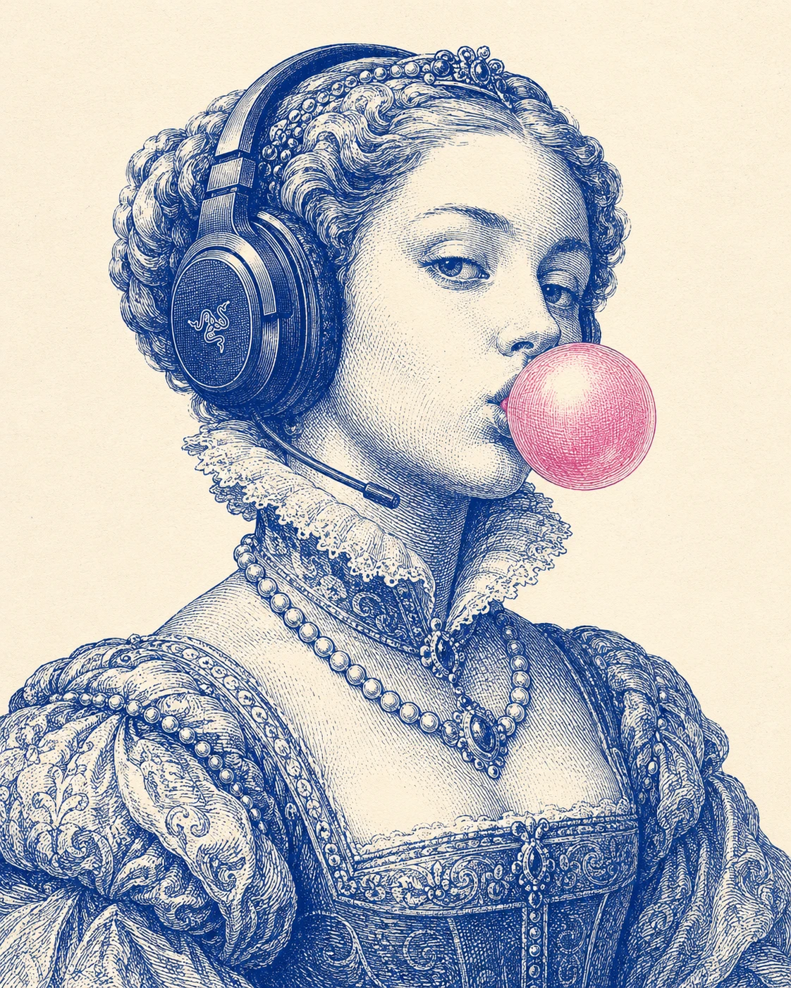 Renaissance-Edelfrau mit Gaming-Headset und Kaugummiblase