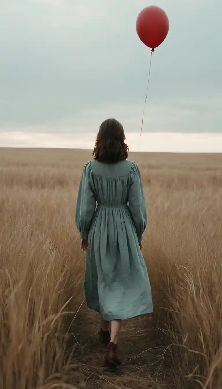 Woman with red balloon in lonely grass field