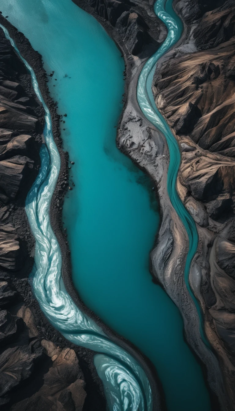 Vista aérea de um rio glacial sinuoso em terreno escuro