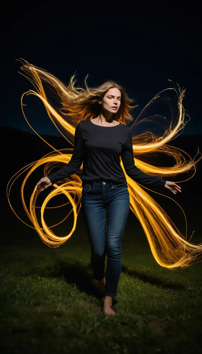 Woman in night field surrounded by golden light trails