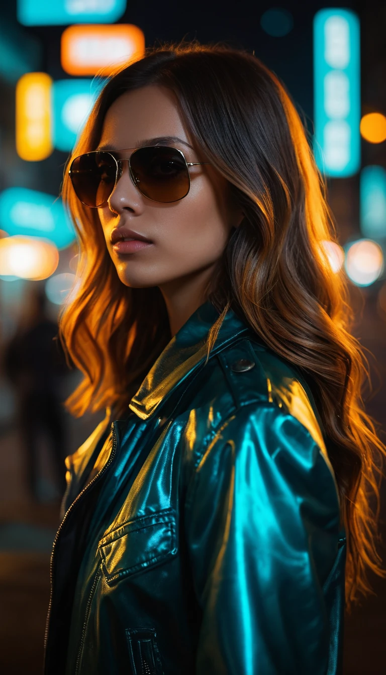 Neon lit cinematic portrait of a woman in black jacket
