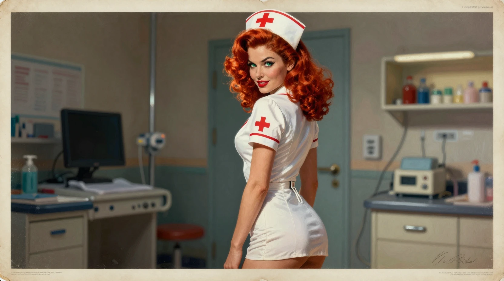 Playful glamorous nurse posing in a sunlit hospital corridor