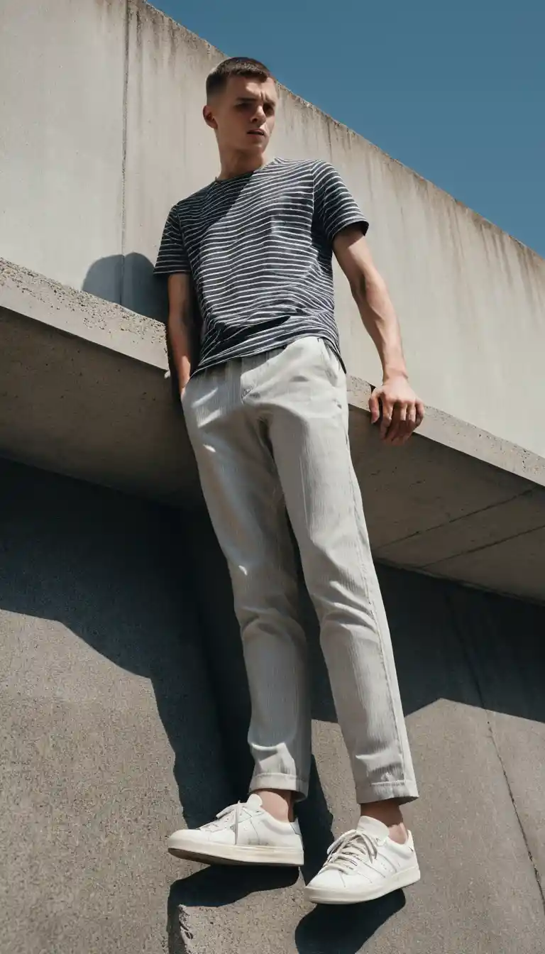 Vista en contrapicado de hombre en un borde de concreto con zapatillas