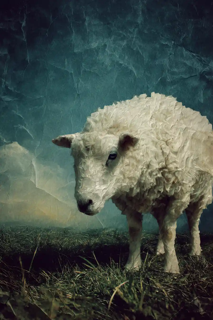Surreal sheep in a colorful meadow diorama oil painting