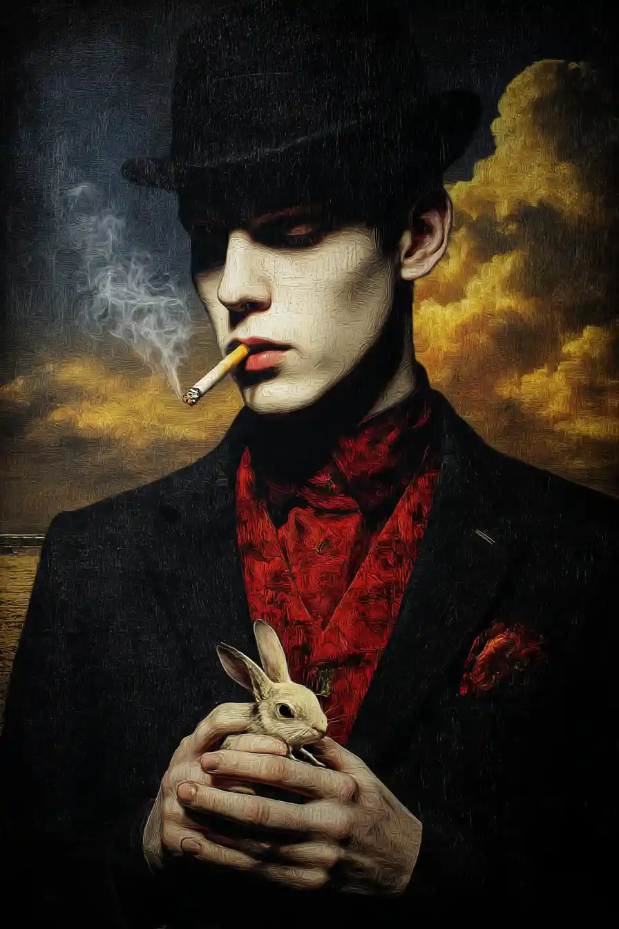 Surreal woman in dark indigo and fire red dreamscape