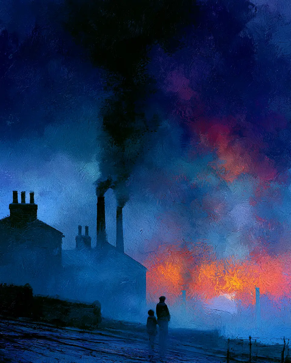 Peinture à l’huile surréaliste sur toile d’un paysage d’âme indigo et braise