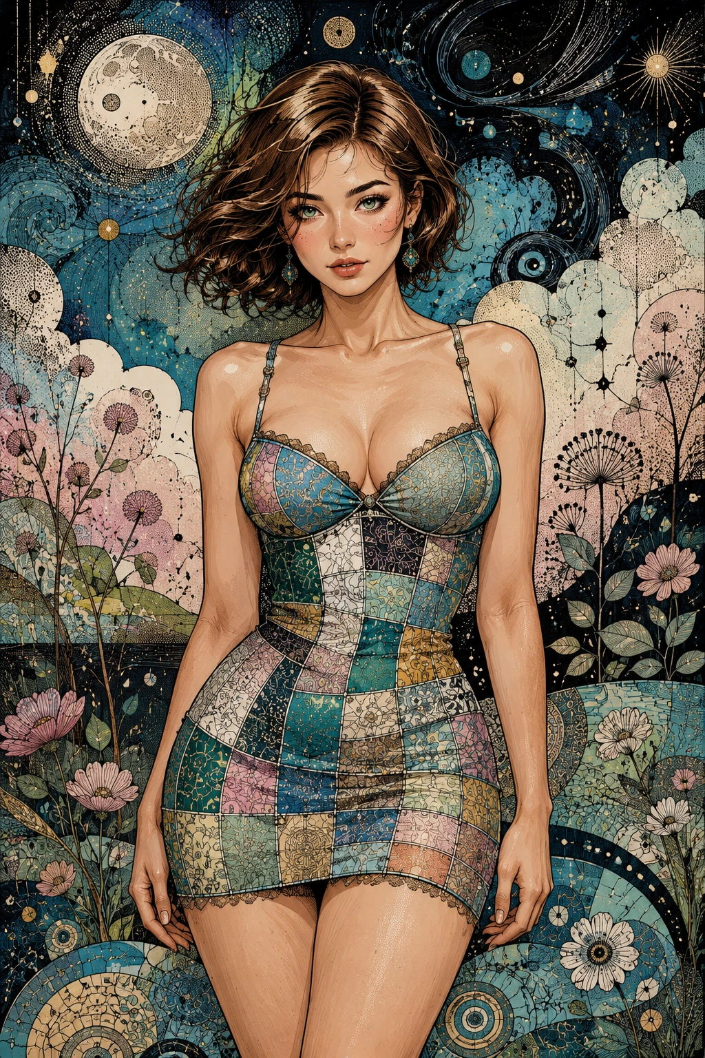 Mulher Sonhadora em Vestido Colorido sob o Céu Noturno
