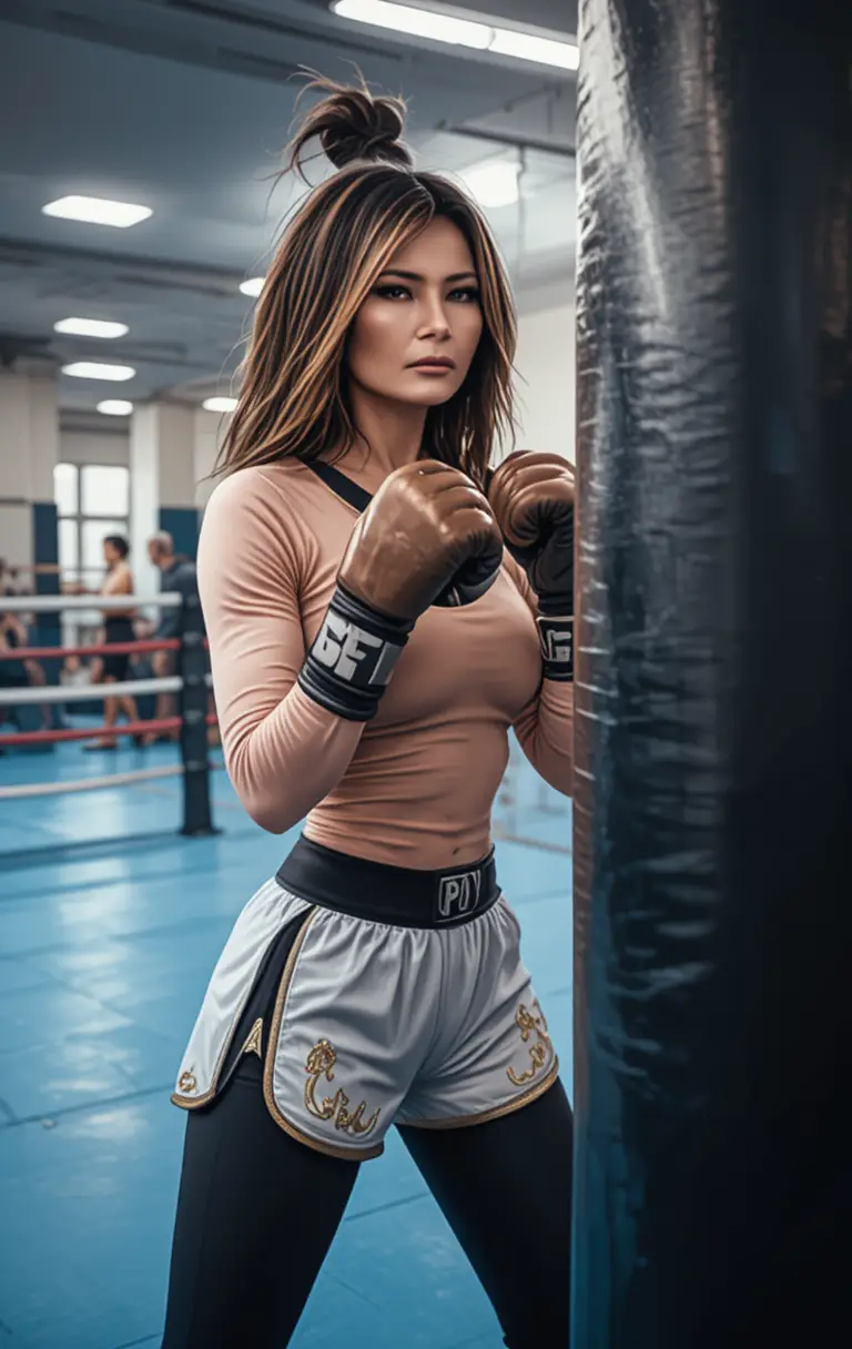 Konzentrierte junge Frau trainiert mit Boxsack im Boxstudio