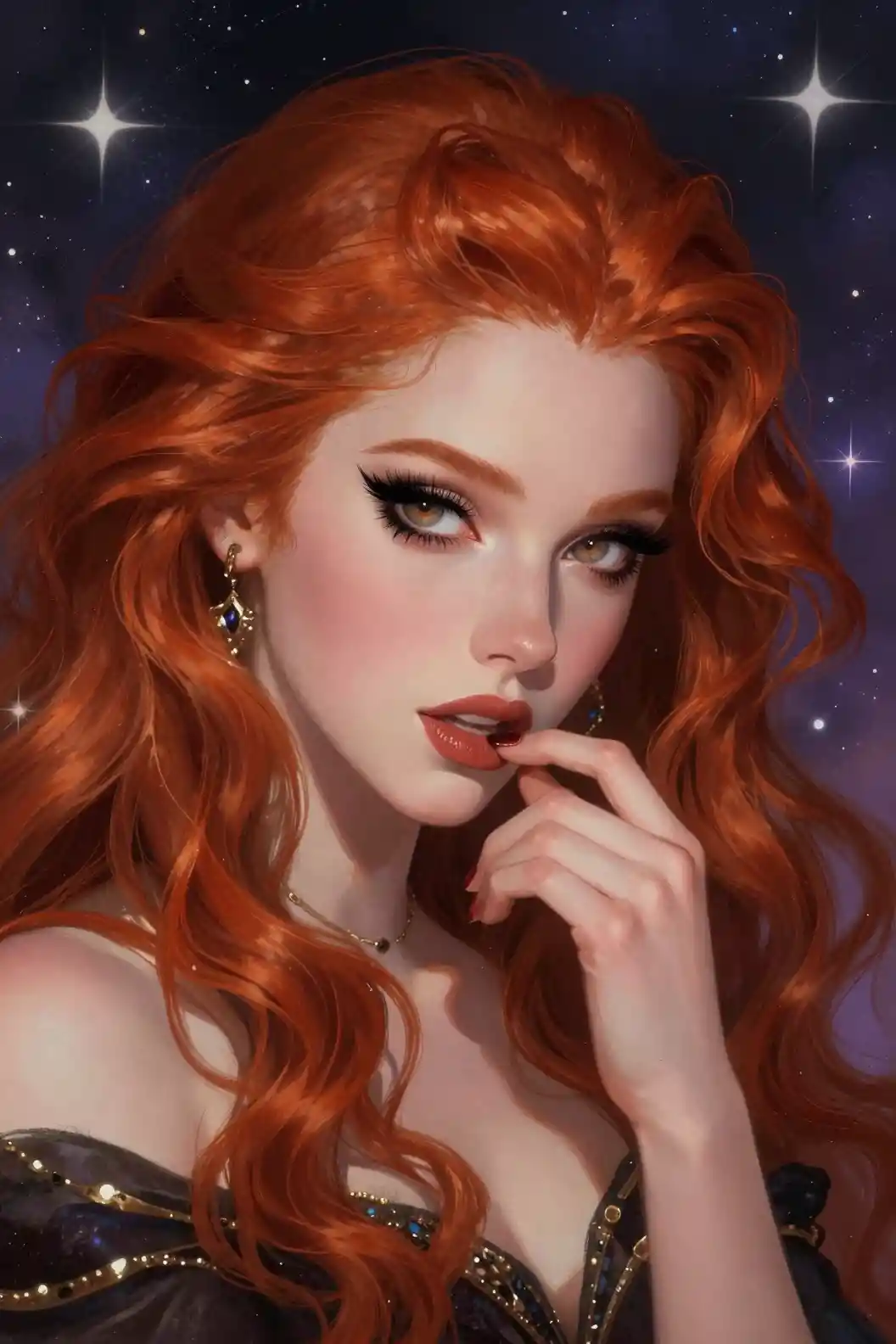 Red haired fantasy goddess close up anime illustration