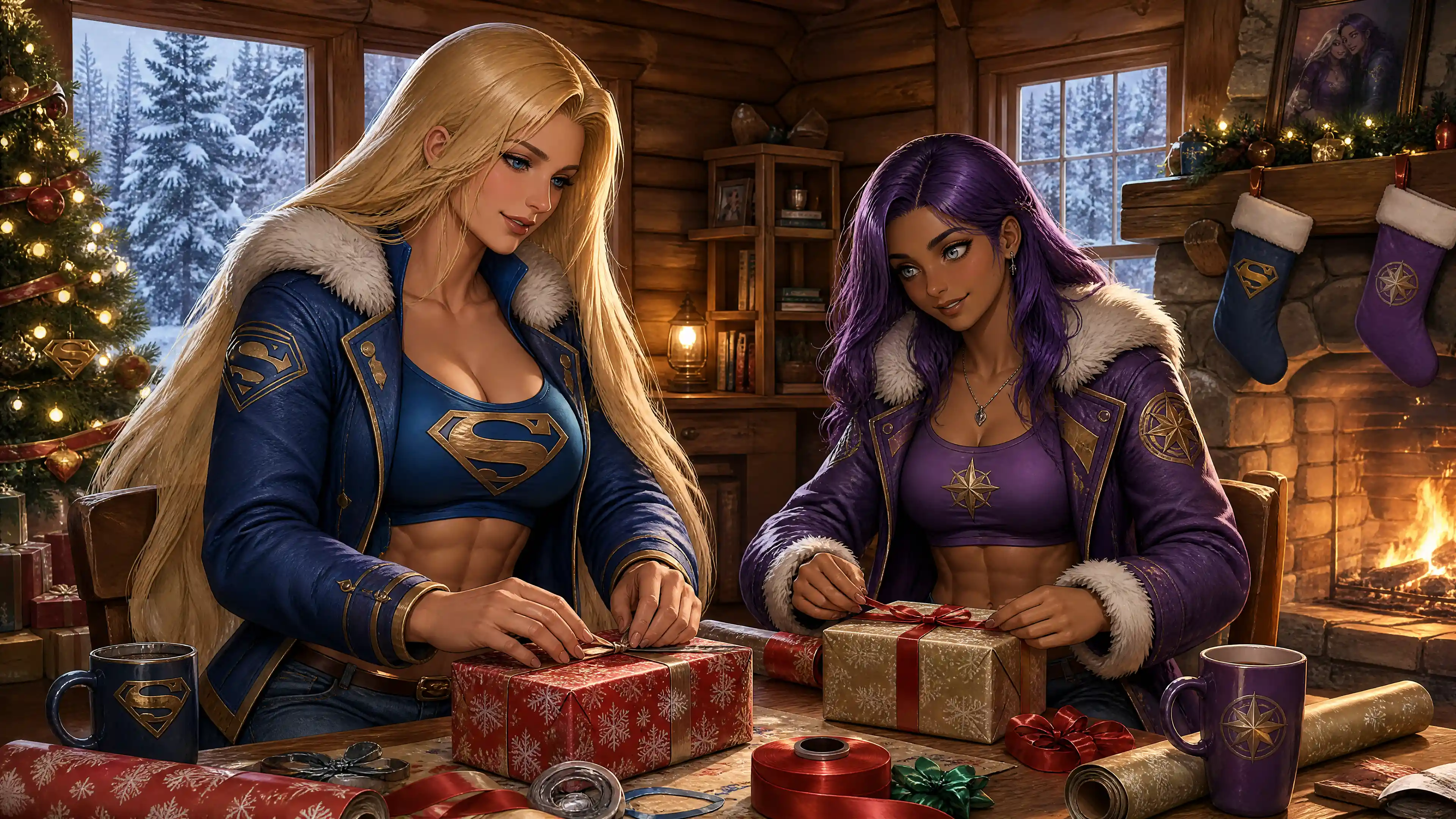 Due donne fantasy che incartano regali di Natale in una baita