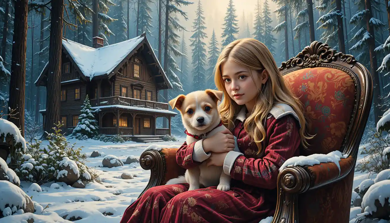 Blonde girl holding a young parrot in a classic armchair