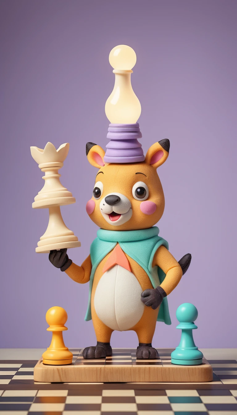 Whimsical chess character planning a move on board