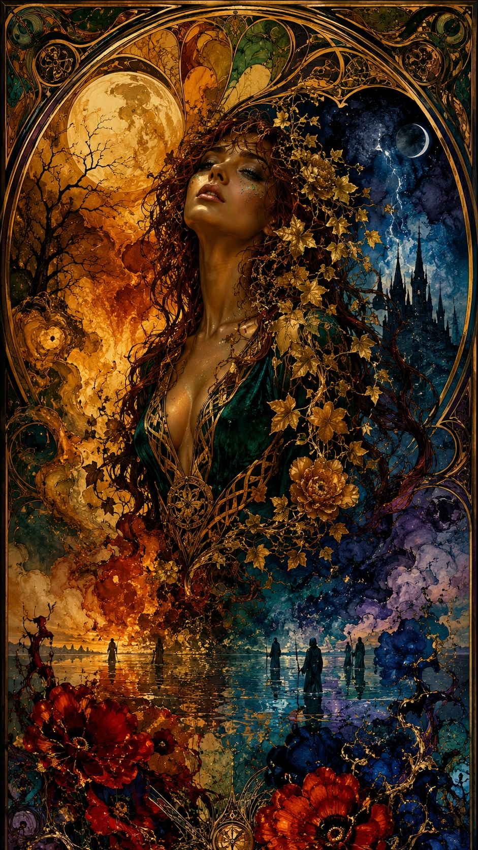 Mulher etérea em um sonho surreal cósmico art nouveau