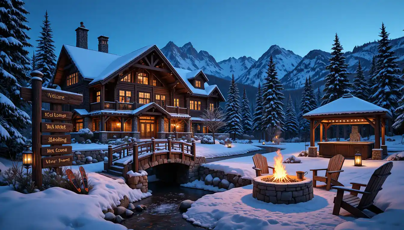Cozy Snow Covered Mountain Cabin At Winter Twilight