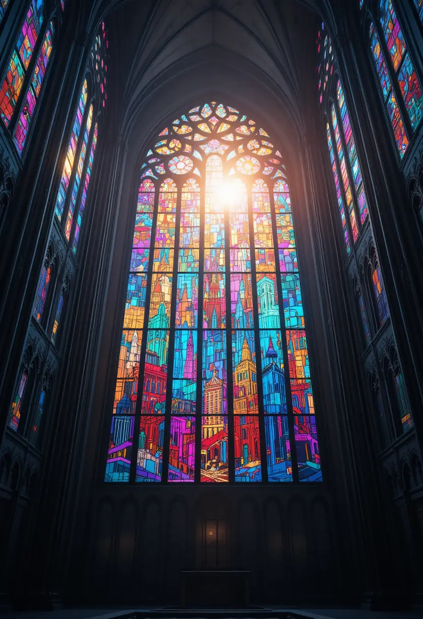 Cyberpunk cathedral skyline glowing like stained glass window