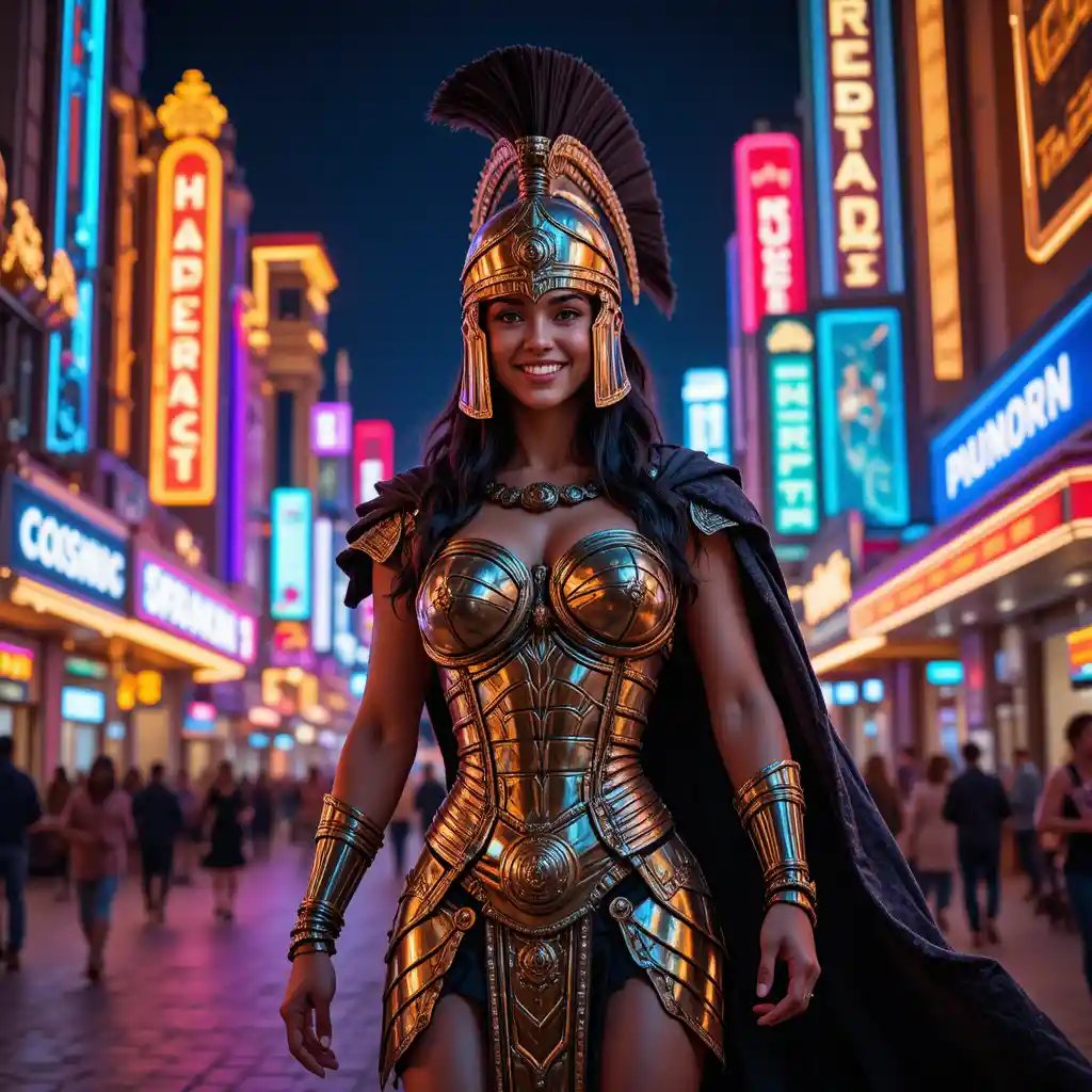 Spartan woman warrior walking through neon lit Las Vegas street