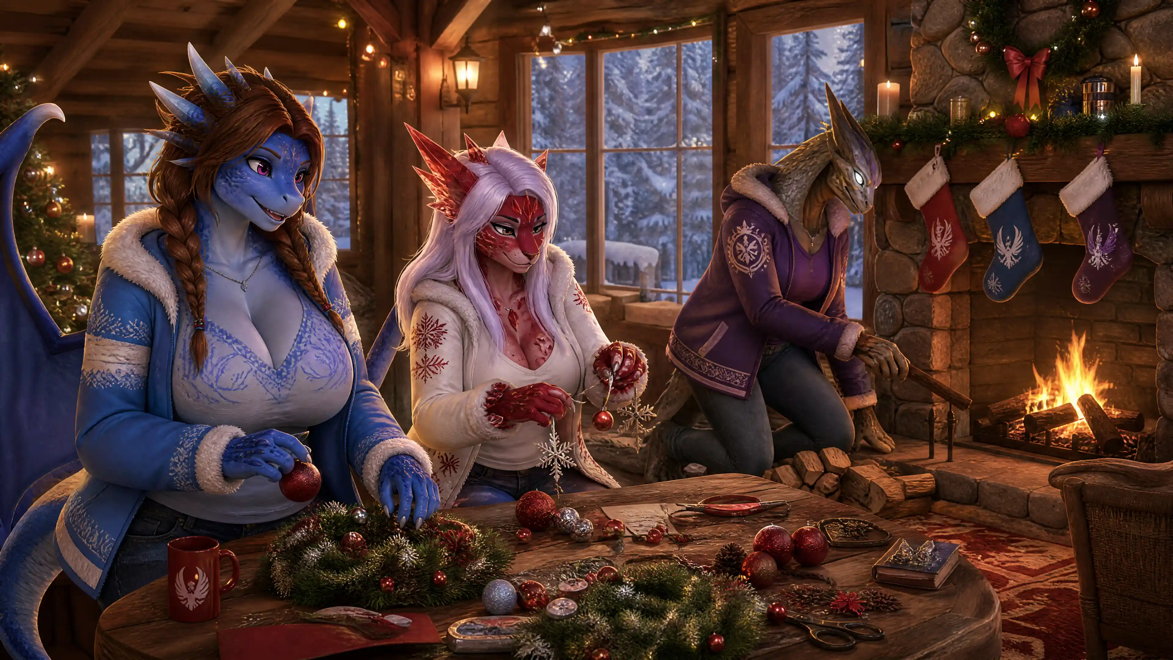 Anthro dragon and cheetah decorating a cozy winter cabin