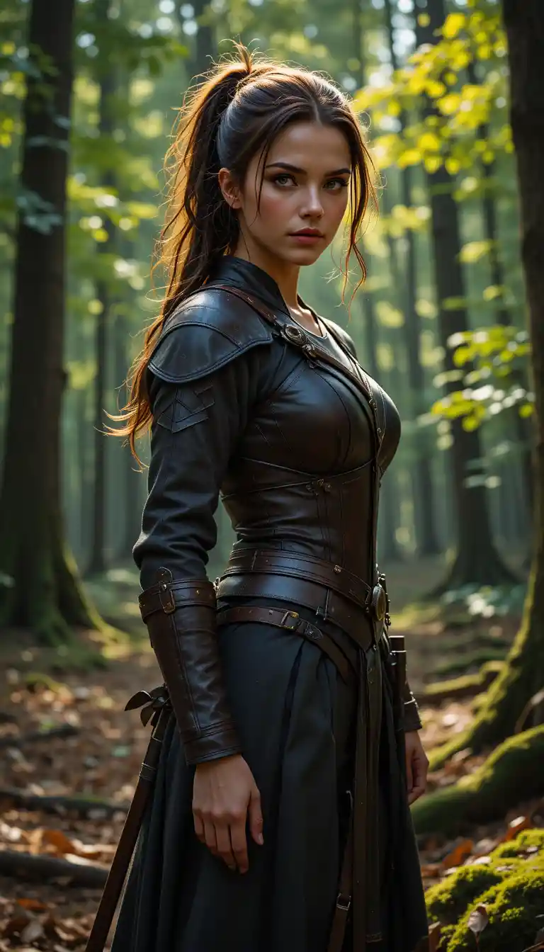 Confident forest warrior woman in leather armor portrait