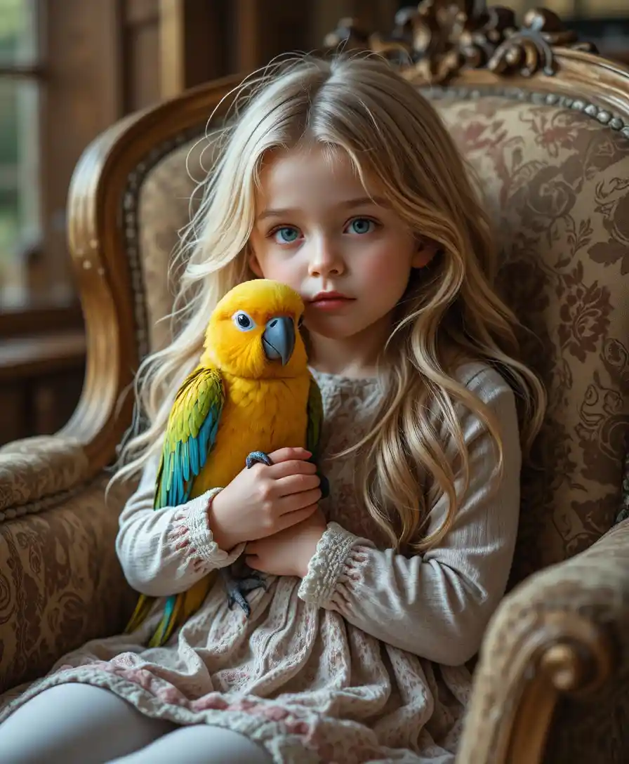 Little Blonde Girl Cuddling A Young Parrot Indoors