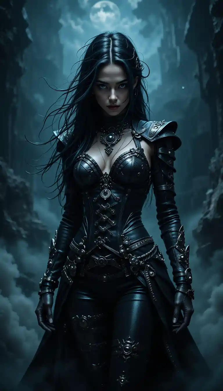 Defiant pirate queen in a shadowy stormlit realm