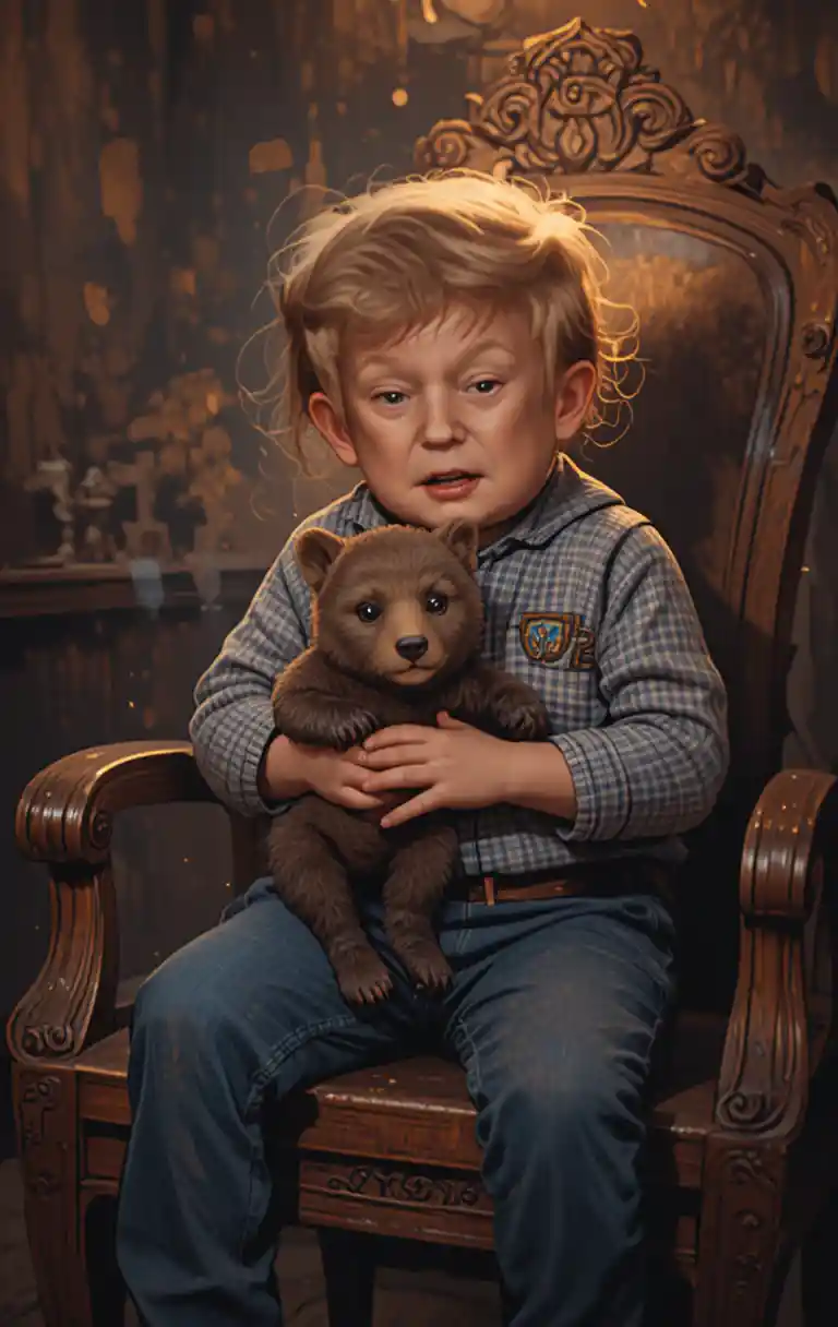 Little boy cuddling a bear cub on wooden chair