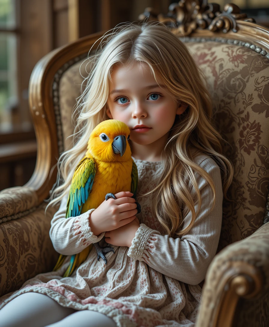 Petite fille blonde câlinant un jeune perroquet en intérieur