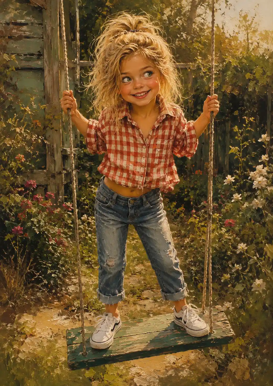 Playful girl standing on a swing in a sunny garden
