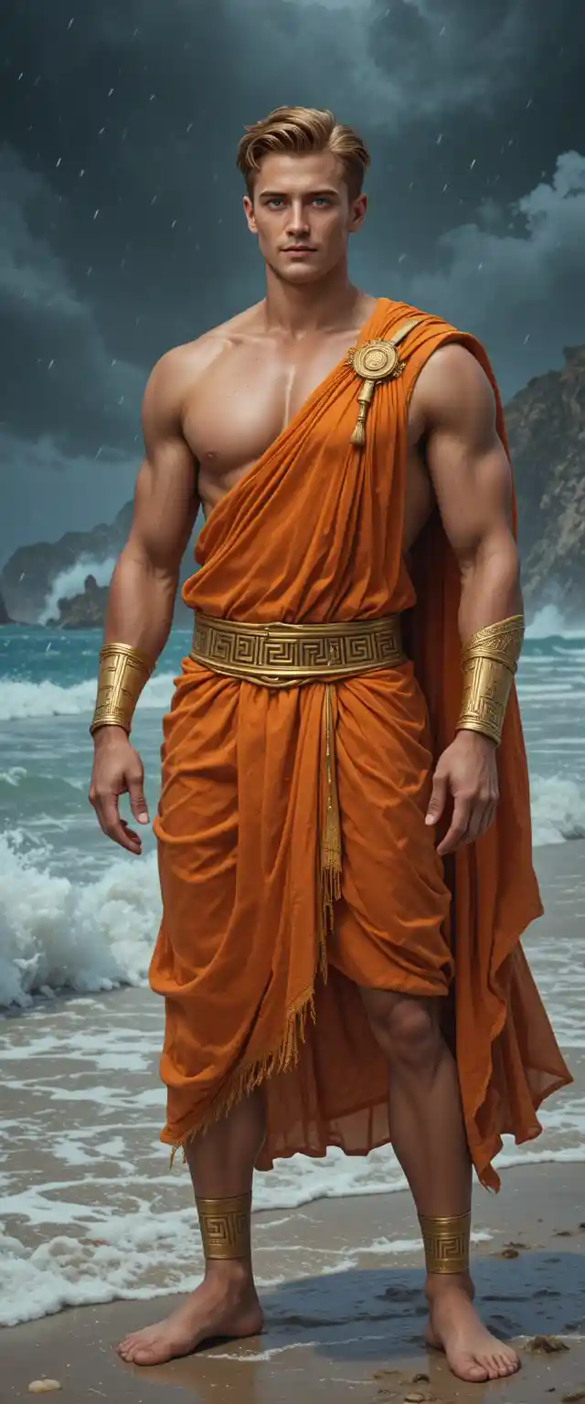 Majestic Greek wind god standing on a stormy beach