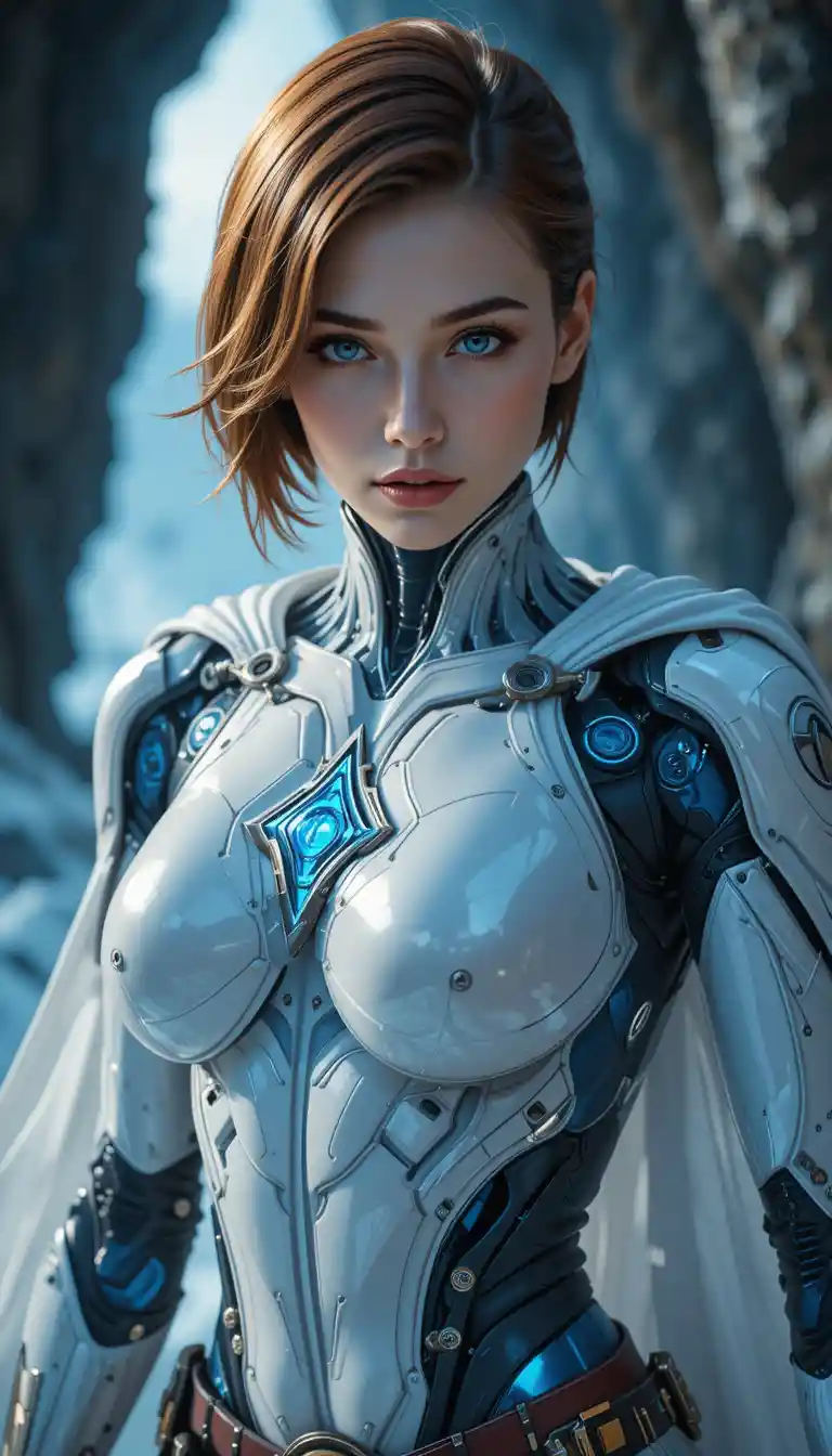 Confident Female Android Warrior In An Icy Cave Close Up