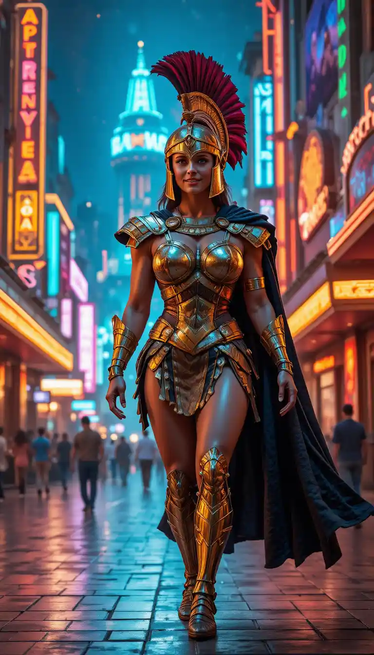 Smiling Spartan woman warrior walking through Las Vegas streets