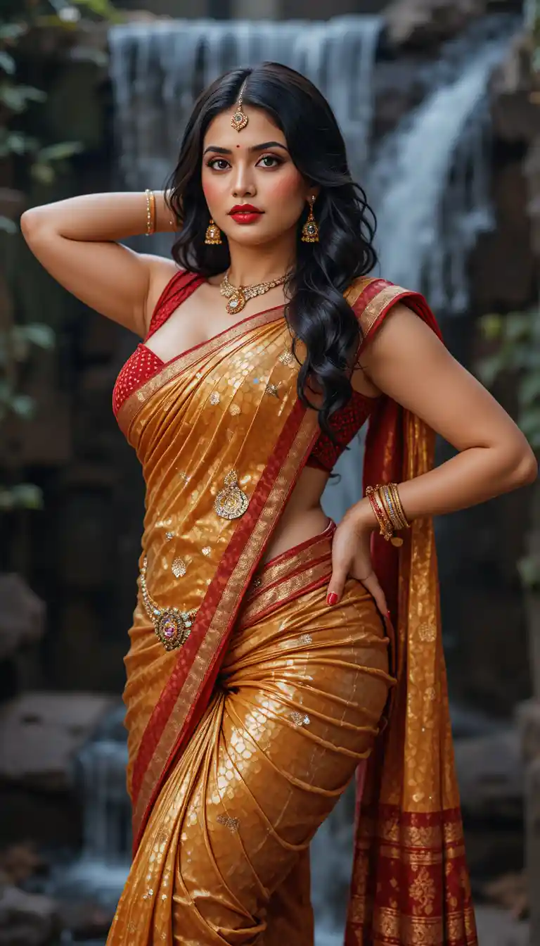 Indian woman in glossy saree posing in indoor room