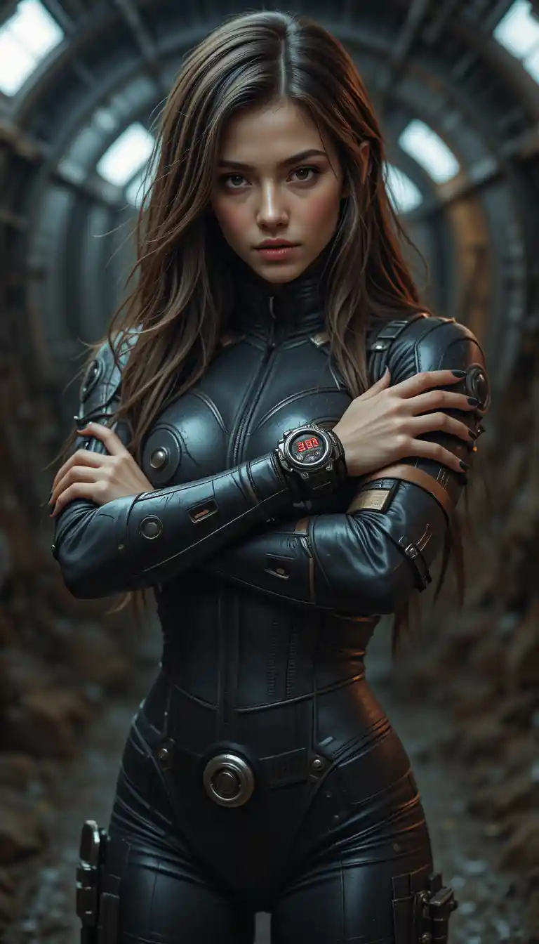 Young vault dweller woman in tight sci fi suit