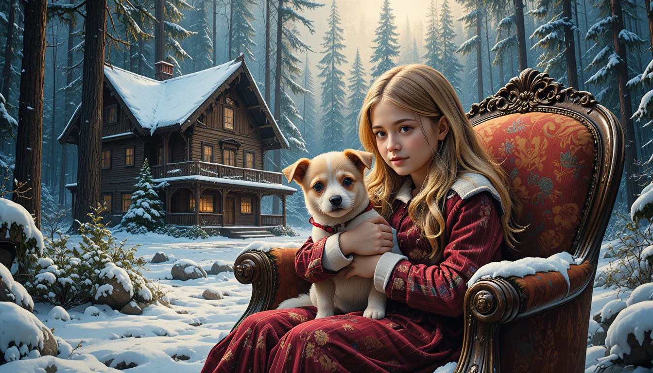 Blonde girl holding a young parrot in a classic armchair