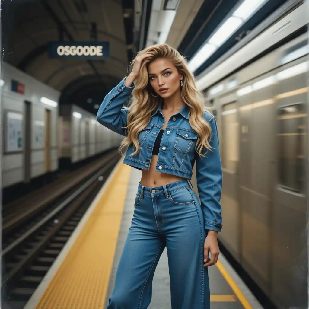 Confident woman in denim on urban subway platform