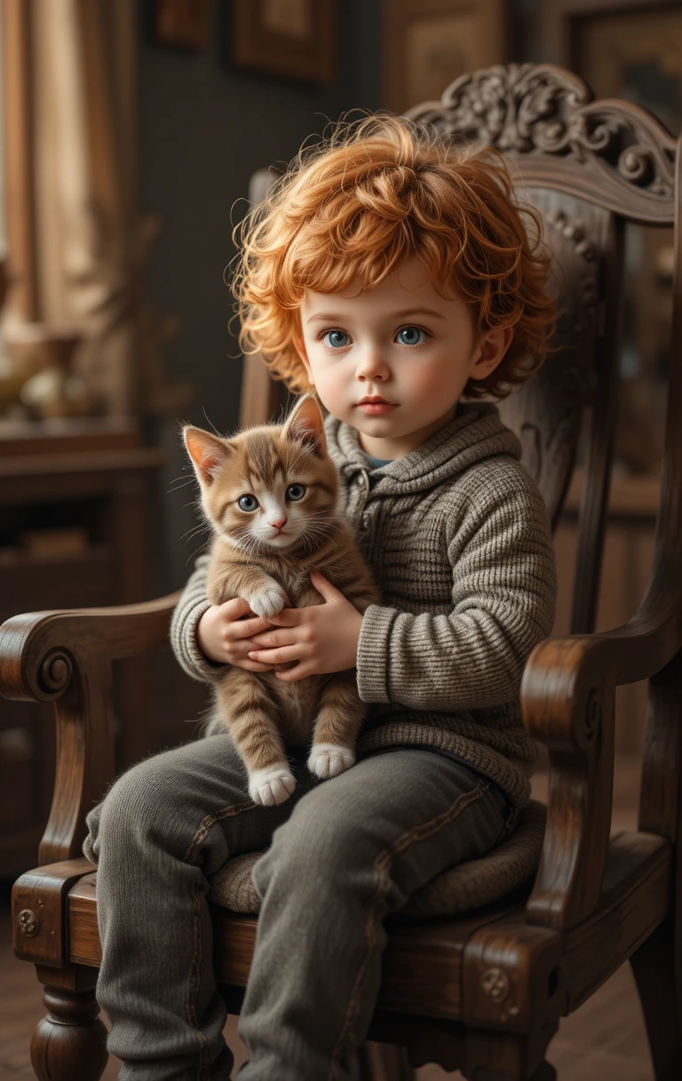 Menino segurando um gatinho fofo em uma cadeira de madeira